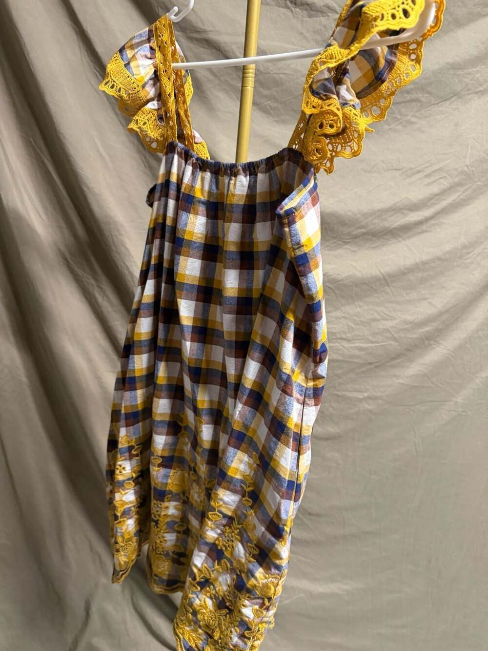 Blue Tassel Women's Plaid Check Floral Embroidery and Crochet Ruffle Straps Ptp1